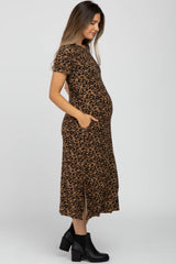 Brown Leopard Print Pocketed Maternity Midi Dress