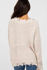 Beige V-Neck Distressed Sweater