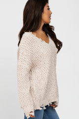 Beige V-Neck Distressed Sweater