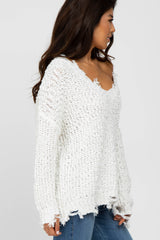 Ivory V-Neck Distressed Sweater