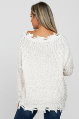 Ivory V-Neck Distressed Maternity Sweater