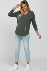 Olive Striped Round Hem Hooded Maternity Top