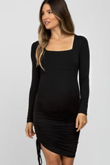 Black Square Neck Drawstring Side Fitted Maternity Dress