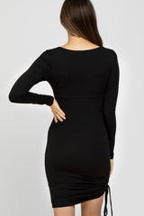 Black Square Neck Drawstring Side Fitted Maternity Dress