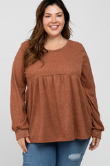 Rust Textured Knit Babydoll Long Sleeve Plus Top