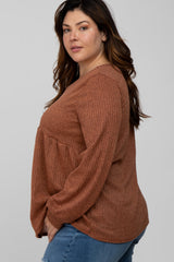 Rust Textured Knit Babydoll Long Sleeve Plus Top