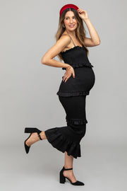 Black Satin Smocked Fitted Maternity Midi Dress