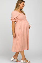 Mauve Textured Smocked Plus Maternity Midi Dress