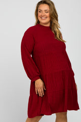 Burgundy Mock Neck Tiered Maternity Plus Dress