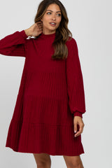 Burgundy Mock Neck Tiered Maternity Dress