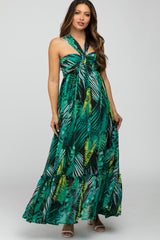 Green Palm Print Halter Neck Maternity Maxi Dress