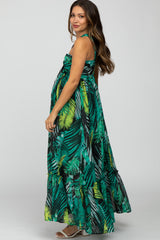 Green Palm Print Halter Neck Maternity Maxi Dress