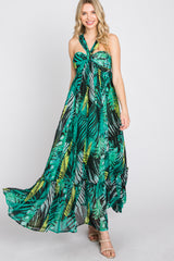 Green Palm Print Halter Neck Maxi Dress