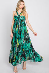 Green Palm Print Halter Neck Maxi Dress