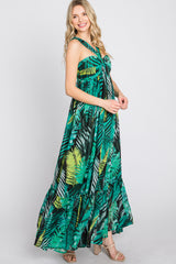 Green Palm Print Halter Neck Maxi Dress