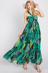 Green Palm Print Halter Neck Maxi Dress