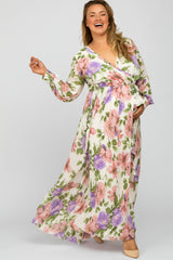 Ivory Floral Chiffon Maternity Plus Maxi Dress