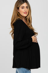 Black V-Neck Ruffle Accent Maternity Long Sleeve Top