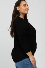 Black V-Neck Round Hem Long Sleeve Plus Top