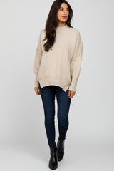 Beige Mock Neck Exposed Seam Sweater