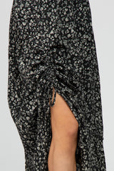 Black Floral Drawstring Side Gathered Skirt