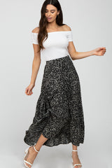 Black Floral Drawstring Side Gathered Skirt