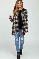 Brown Plaid Button Front Fringe Hem Hooded Maternity Top