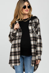 Brown Plaid Button Front Fringe Hem Hooded Maternity Top