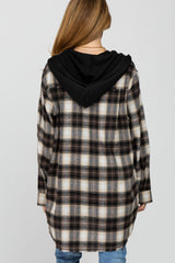 Brown Plaid Button Front Fringe Hem Hooded Maternity Top