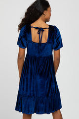 Blue Velvet Square Neck Smocked Ruffle Hem Dress