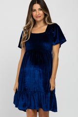 Blue Velvet Square Neck Smocked Ruffle Hem Maternity Dress