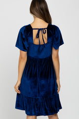 Blue Velvet Square Neck Smocked Ruffle Hem Maternity Dress