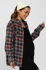 Navy Blue Plaid Maternity Flannel Top