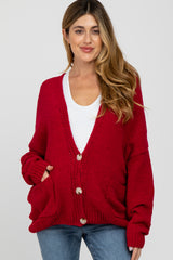 Red Oversized Deep V-Neck Maternity Cardigan