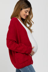 Red Oversized Deep V-Neck Maternity Cardigan