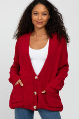 Red Oversized Deep V-Neck Maternity Cardigan