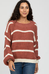 Mauve Cream  Striped Chunky Knit Maternity Sweater