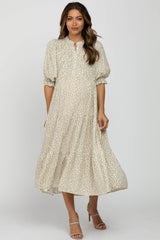 Cream Floral Button Front Tiered Maternity Midi Dress