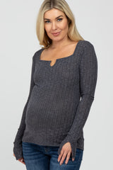 Charcoal Knit Split Neck Maternity Top