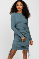 Blue Ribbed Ruched Side Tie Fitted Dress