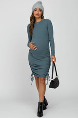 Blue Ribbed Ruched Side Tie Maternity Fitted Dress