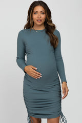 Blue Ribbed Ruched Side Tie Maternity Fitted Dress