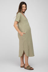 Light Olive Button Accent Oversized Maternity Midi Dress