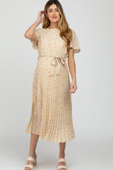 Taupe Floral Pleated Maternity Midi Dress