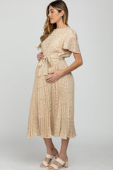 Taupe Floral Pleated Maternity Midi Dress