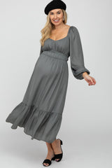 Charcoal Satin Ruched Sweetheart Neck Maternity Midi Dress