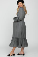 Charcoal Satin Ruched Sweetheart Neck Maternity Midi Dress