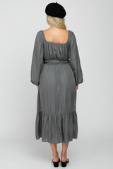 Charcoal Satin Ruched Sweetheart Neck Maternity Midi Dress