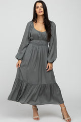 Charcoal Satin Ruched Sweetheart Neck Midi Dress