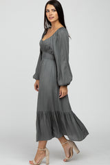 Charcoal Satin Ruched Sweetheart Neck Midi Dress